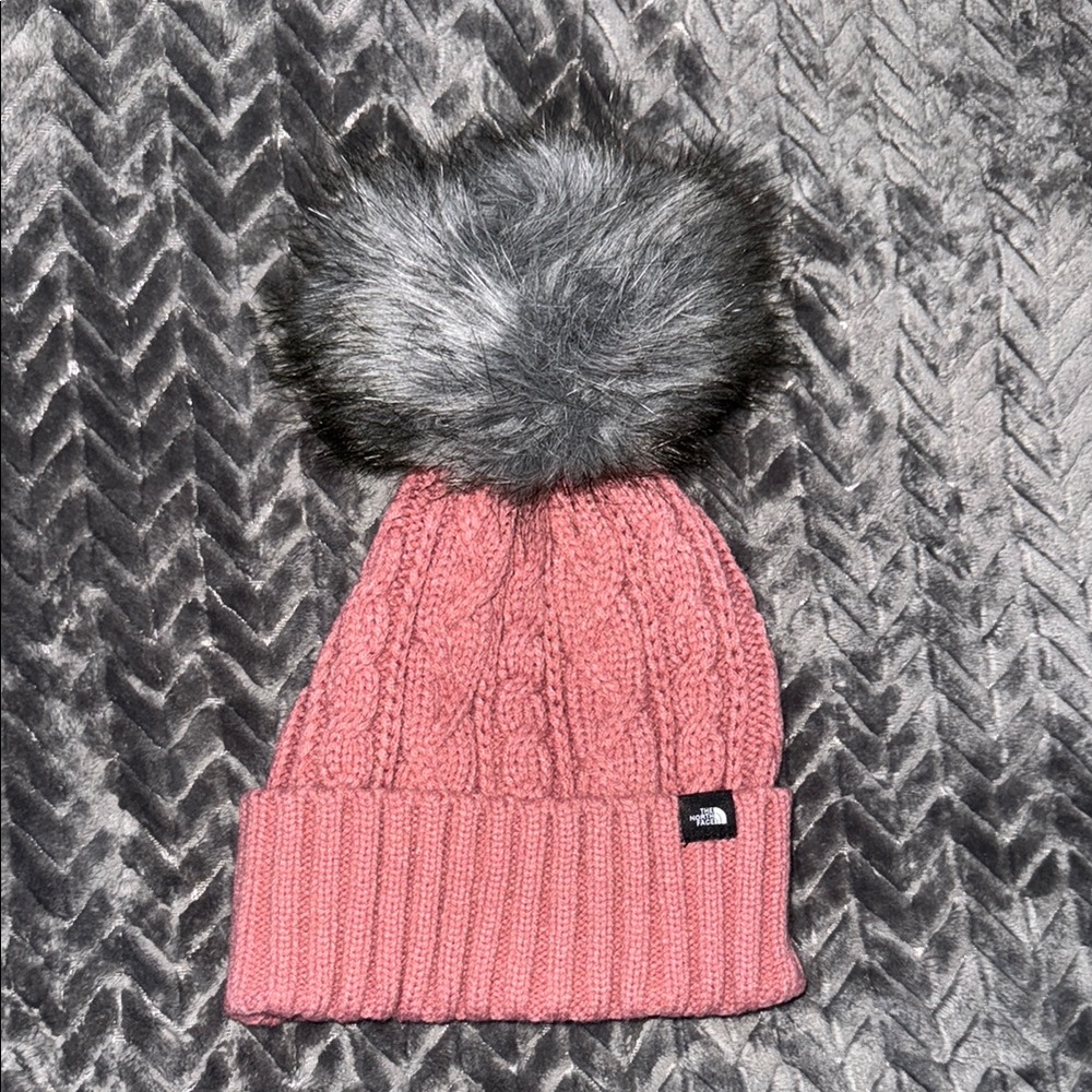 The North Face Pink Knit Beanie with Faux Fur Pom